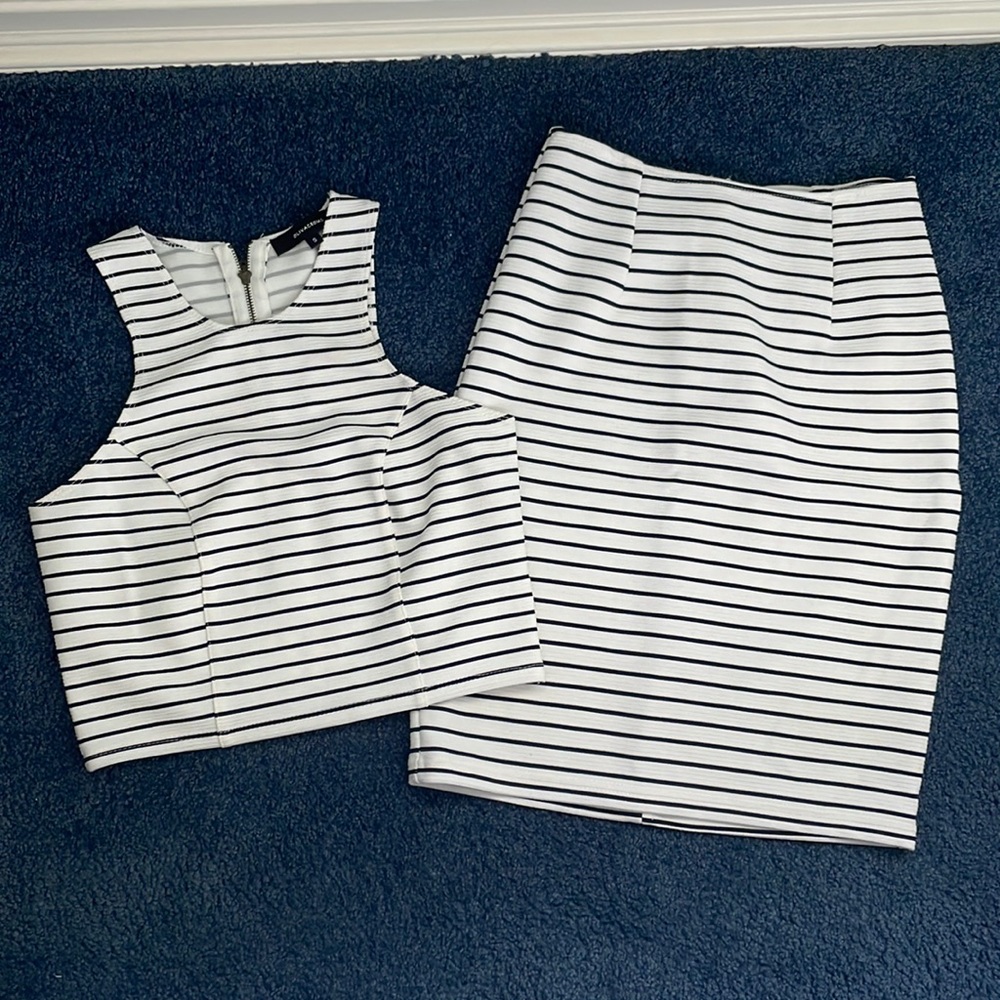 Olivaceous White and Black Striped Crop Top & Pencil Skirt Set